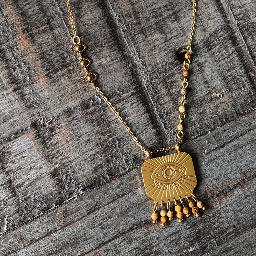 NEW Gold Evil Eye & Stone Pendant Necklace - Picture 4 of 8